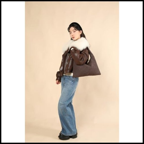 Vegan Leather Woven Tote Hobo Bag Large Shoulder Purse Vintage Suede - Picture 2 of 6